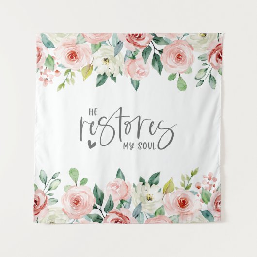 詩篇23:3彼は私の魂の聖書の聖句とバラを回復する タペストリー (正面)