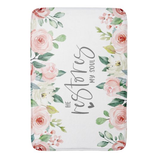 詩篇23:3彼は私の魂の聖書の聖句とバラを回復する バスマット (正面縦)