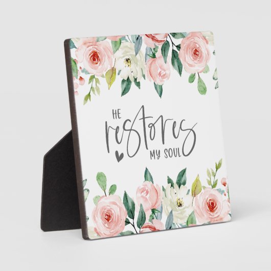 詩篇23:3彼は私の魂の聖書の聖句とバラを回復する フォトプラーク (正面)