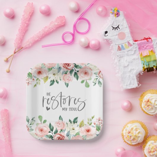 詩篇23:3彼は私の魂の聖書の聖句とバラを回復する ペーパープレート (パーティー)