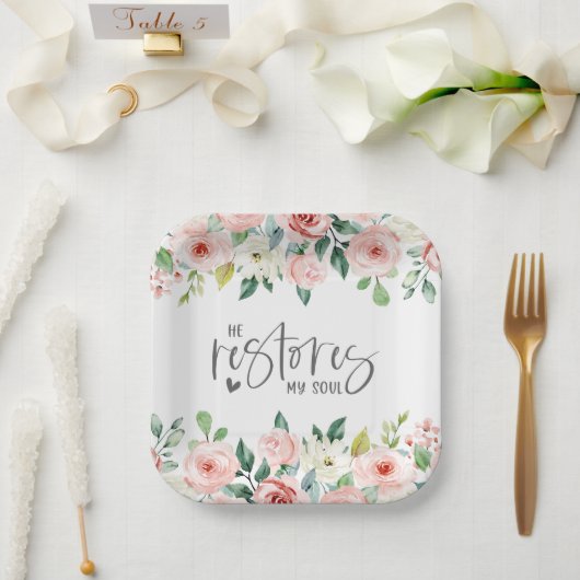 詩篇23:3彼は私の魂の聖書の聖句とバラを回復する ペーパープレート (ウェディング)