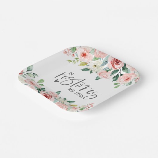 詩篇23:3彼は私の魂の聖書の聖句とバラを回復する ペーパープレート (傾斜あり)