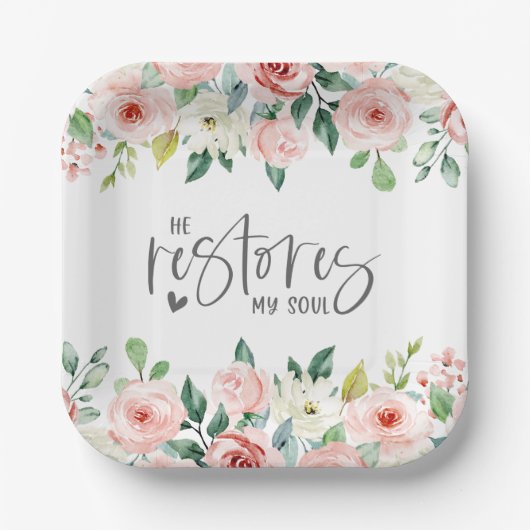 詩篇23:3彼は私の魂の聖書の聖句とバラを回復する ペーパープレート (正面)