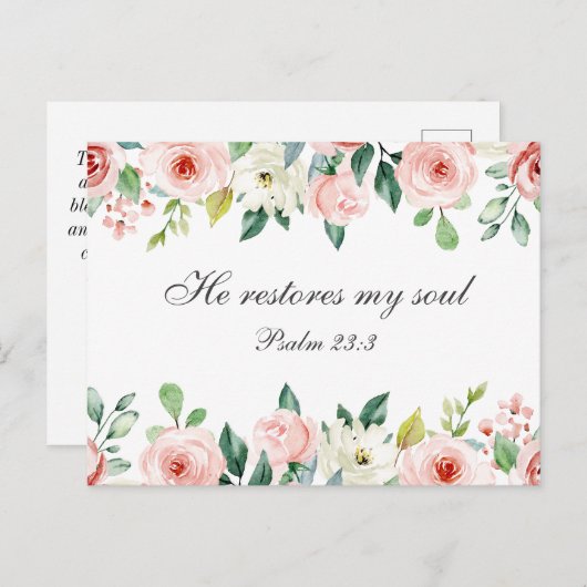 詩篇23:3彼は私の魂の聖書の聖句とバラを回復する ポストカード (正面/裏面)