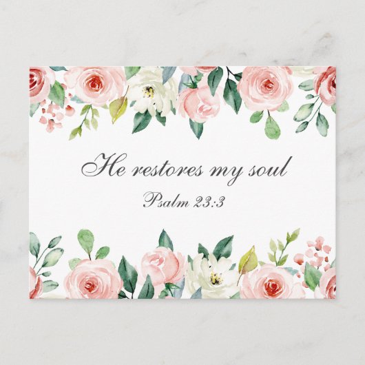 詩篇23:3彼は私の魂の聖書の聖句とバラを回復する ポストカード (正面)
