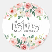 詩篇23:3彼は私の魂の聖書の聖句とバラを回復する ラウンドシール (正面)