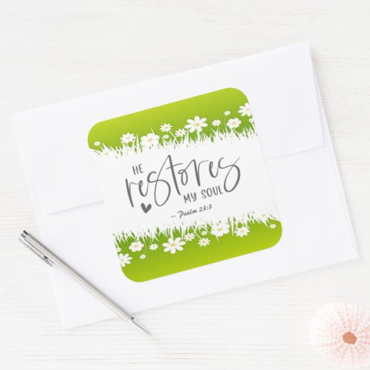 詩篇23:3彼は私の魂の聖書の聖句を回復する スクエアシール (封筒)
