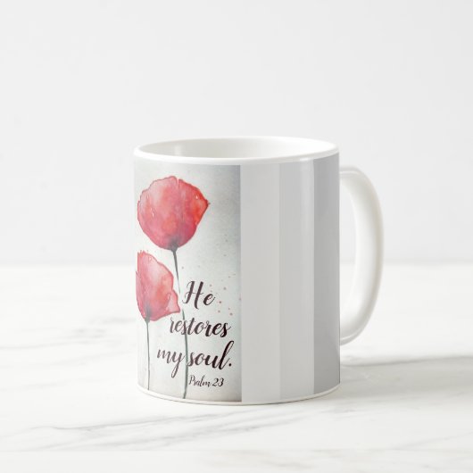詩篇23:3彼は私の魂を回復し、聖書の聖句フローラ コーヒーマグカップ (正面右)