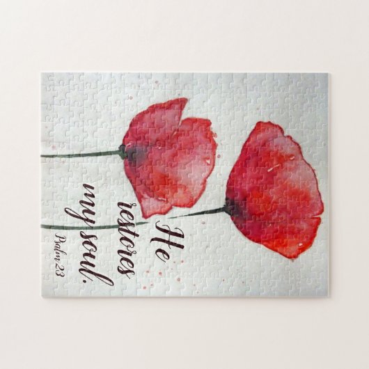 詩篇23:3彼は私の魂を回復する赤いケシの聖書 ジグソーパズル (横)