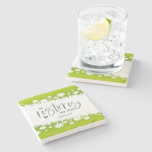 詩篇23:3 彼は私の魂を回復させてくださる 聖書の言葉 ストーンコースター (横)