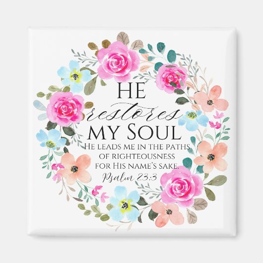 詩篇23:3 – 彼は私の魂を回復するピンクのフローラ聖書 マグネット (正面)