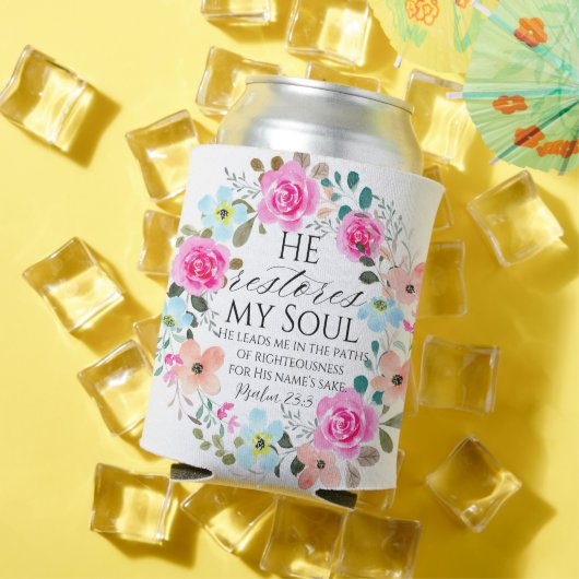 詩篇23:3 – 彼は私の魂を回復するピンクのフローラ聖書 缶クーラー (インサイチュ 夏)