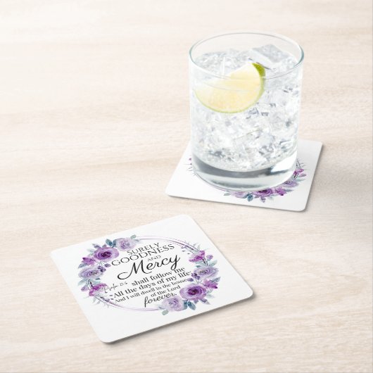 詩篇23:6聖書感動的聖句パープルフローラ スクエアペーパーコースター (インサイチュ)