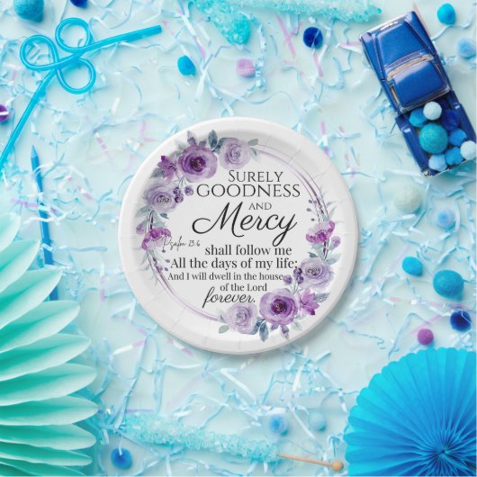 詩篇23:6聖書感動的聖句パープルフローラ ペーパープレート (パーティー)