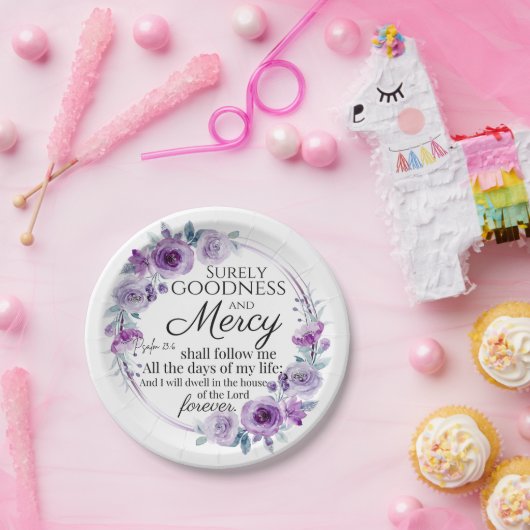 詩篇23:6聖書感動的聖句パープルフローラ ペーパープレート (パーティー)