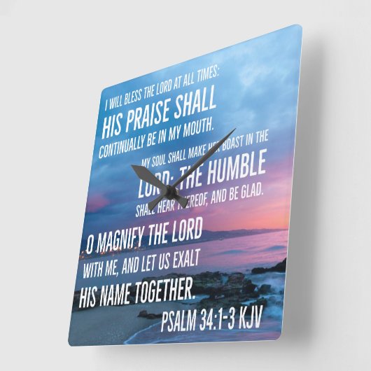 詩篇34:1-3わたしは常賛美に主主を行う スクエア壁時計 (傾斜)