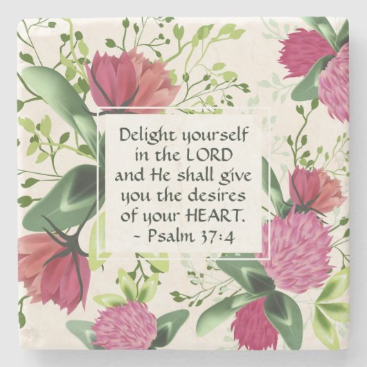 詩篇37:4主クローバーで自分自身を喜ばせる ストーンコースター (正面)