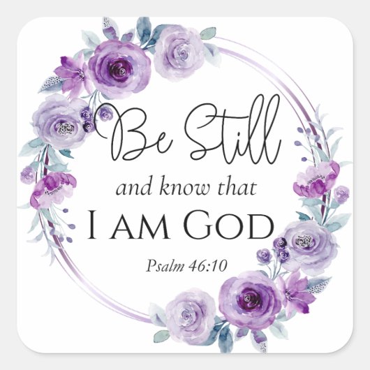 詩篇46:10まだ知っているバイブル紫のフローラ スクエアシール (正面)