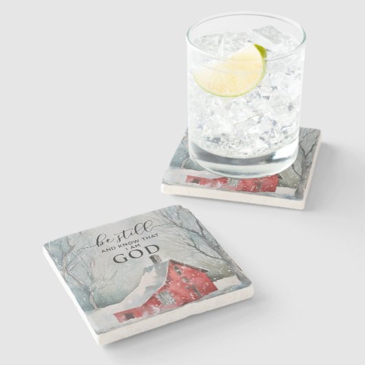 詩篇46:10まだ私は神の冬の雪であることを知っている ストーンコースター (横)