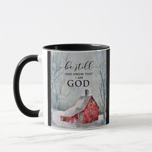 詩篇46:10まだ私は神の冬の雪であることを知っている マグカップ (左)