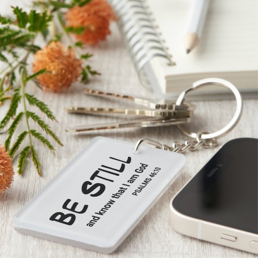 詩篇46:10まだ聖書の聖句を知りなさい キーホルダー (正面右)