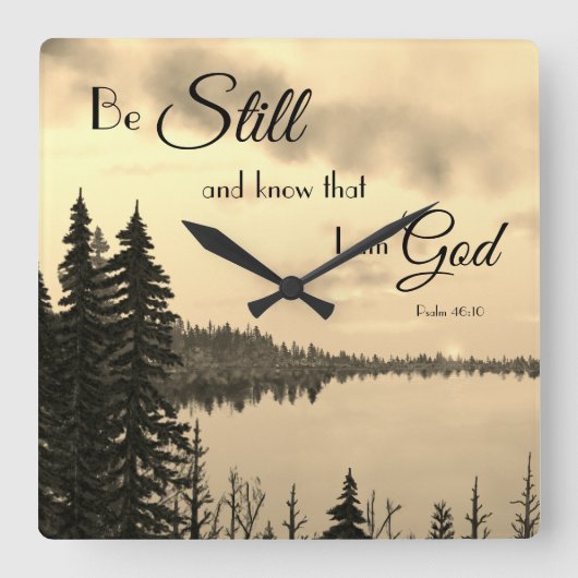 詩篇46:10わたしがまだ神セピアであることを知りなさい スクエア壁時計 (正面)