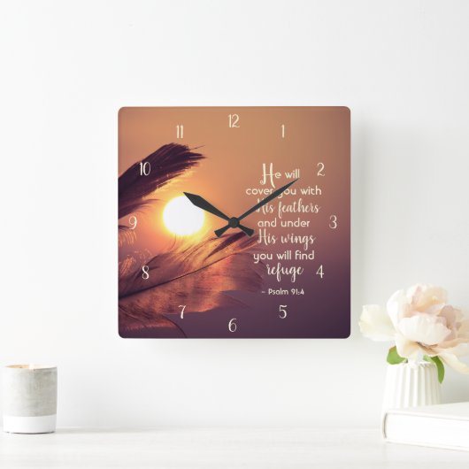 詩篇91:4彼は羽であなたを覆う スクエア壁時計 (ホーム)