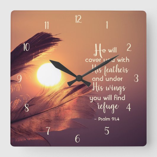 詩篇91:4彼は羽であなたを覆う スクエア壁時計 (正面)