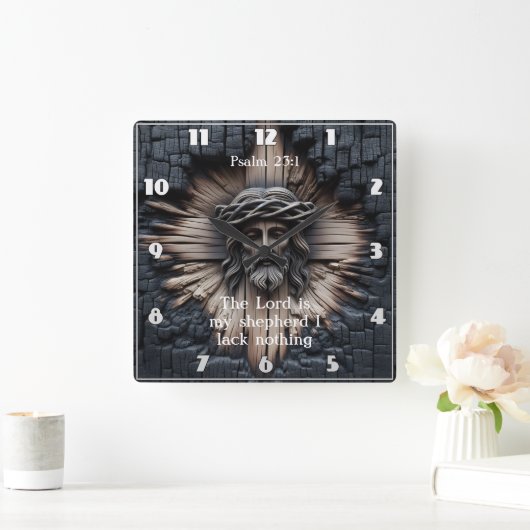 詩編23:1イエスの木を彫る スクエア壁時計 (ホーム)