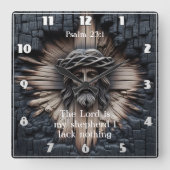 詩編23:1イエスの木を彫る スクエア壁時計 (正面)