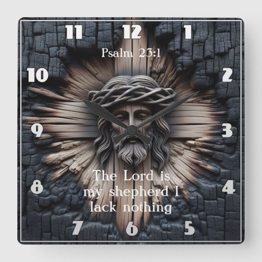 詩編23:1イエスの木を彫る スクエア壁時計 (正面)