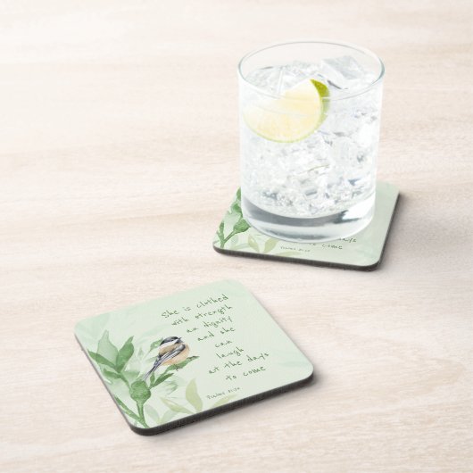 詩編31:25彼女は強さの聖なる書物、 経典で服を着ている コースター (右側)