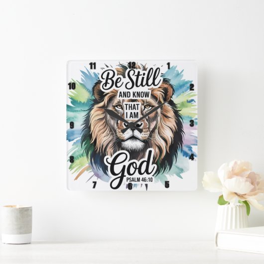 詩編46:10ライオン威厳のあるの感動的信仰 スクエア壁時計 (ホーム)