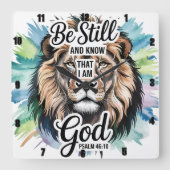 詩編46:10ライオン威厳のあるの感動的信仰 スクエア壁時計 (正面)