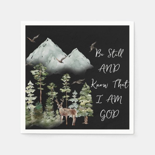 詩編46:10聖句ウォーターカラーウッドランド スタンダードカクテルナプキン (正面)