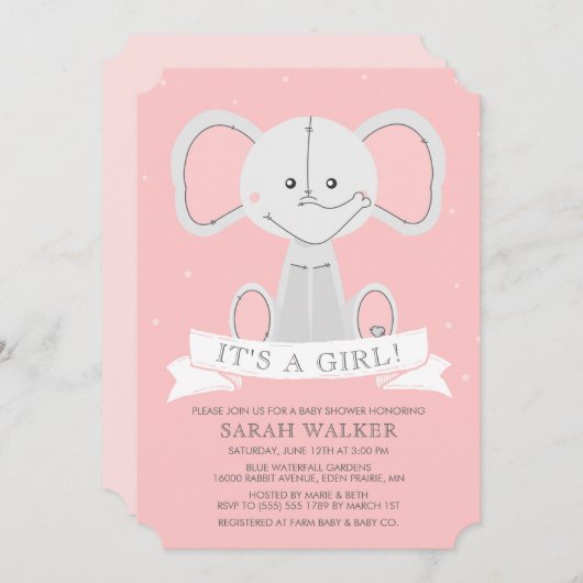詰まったな象のピンクそれは女の子です! ベビーシャワー 招待状 (正面/裏面)