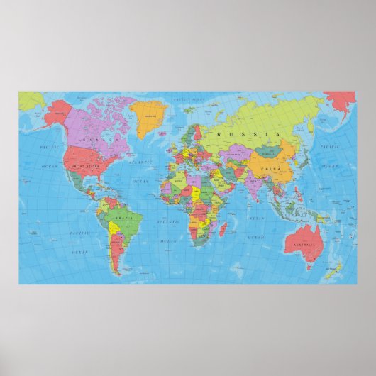 詳細なカラフル政治世界地図 ポスター (正面)