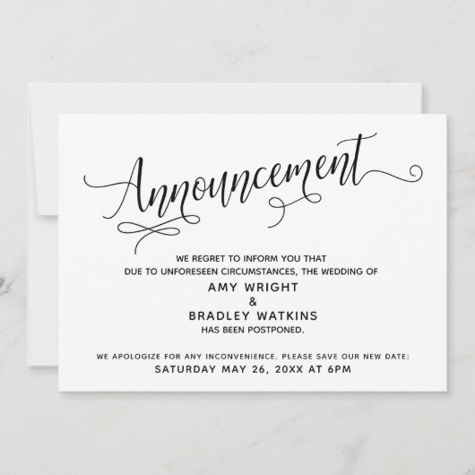 詳細なスクリプトの延期された結婚発表 招待状 (正面)