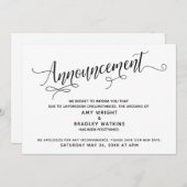 詳細なスクリプトの延期された結婚発表 招待状 (正面/裏面)