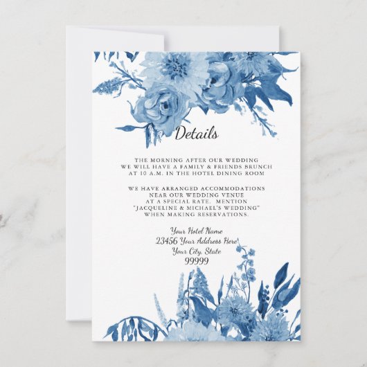詳細なホテルの宿泊施設 ブルーとホワイトの花模様 招待状 (正面)