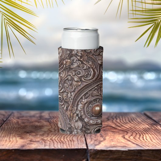 詳細な優雅さを備えた彫刻されたアンティークウッド スリム缶クーラー