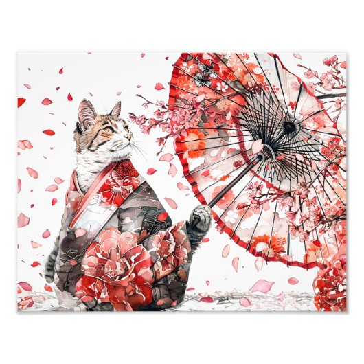 詳細な着物を着た芸妓ねこが優雅に座っている フォトプリント (正面)
