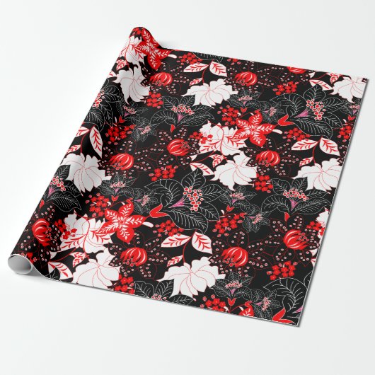 詳細な赤い熱帯フローラ ラッピングペーパー (アンロールド)