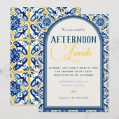 詳細な黄色と青の幾何学的なタイルの招待状 招待状 (正面/裏面)