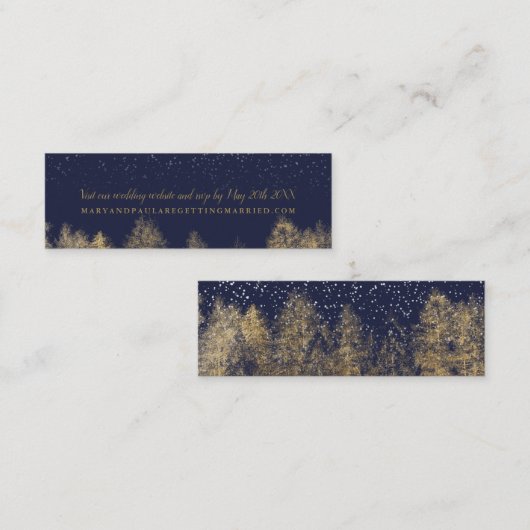 詳細を結婚する金ゴールドの冬の雪の濃紺の木 スキニー名刺 (正面/裏面)