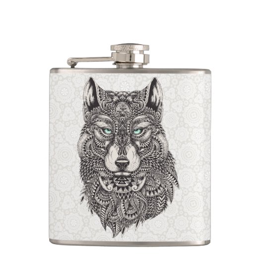 詳細ウルフポートレートイラストレーション フラスク (正面)
