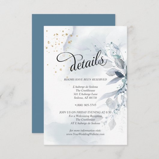 詳細エレガントほこりっぽい青い水色の葉 招待状 (正面/裏面)
