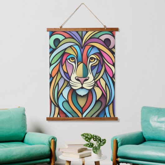 詳細カラフルな獅子頭 吊り下げ型タペストリー (リビング)