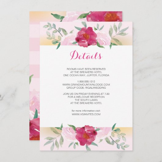 詳細カードピンクの花とストライプ エンクロージャーカード (正面/裏面)