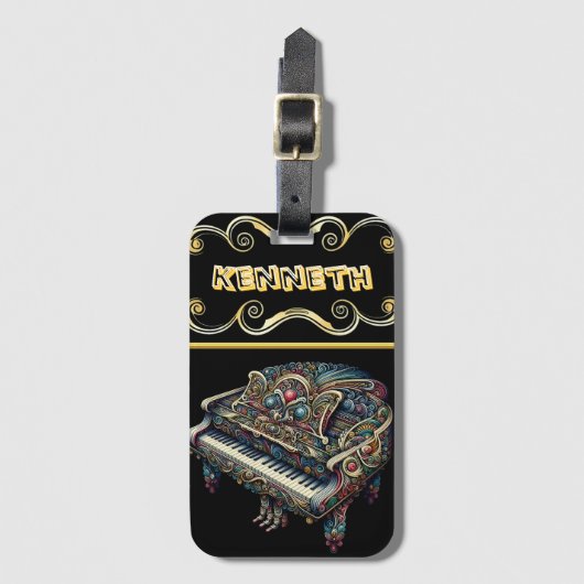 詳細スタイリッシュなアートワークでピアノライター ラゲッジタグ (正面縦)